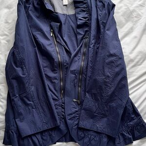 Chico's Blue Utility Jacket with Ruffled Collar